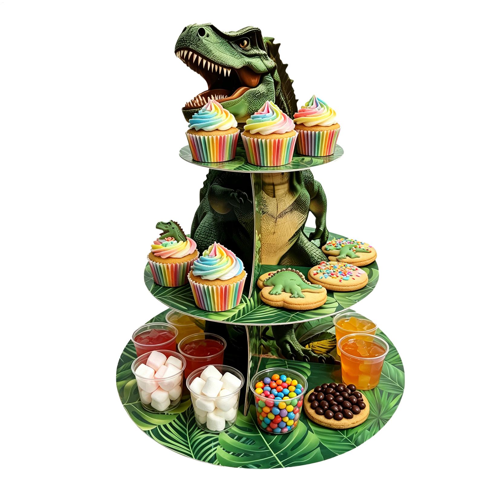 Cupcake Stand Tier - 恐竜型3段カップケーキスタンド デザートタワー ディスプレイホルダー トレイ シェルフ バービュッフェ