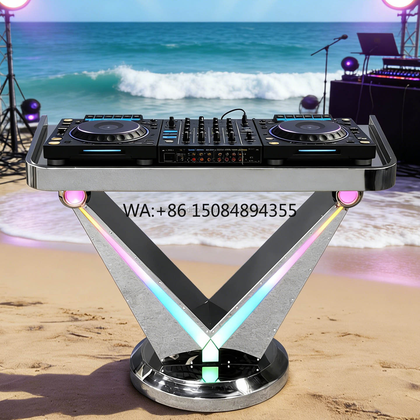 Event Party Dj - LiqVisモバイルコンテンポラリーラグジュアリーDJブーステーブル、パーソナライズロゴLEDミラークロムスチールステージコンソール（パーティーイベント用）