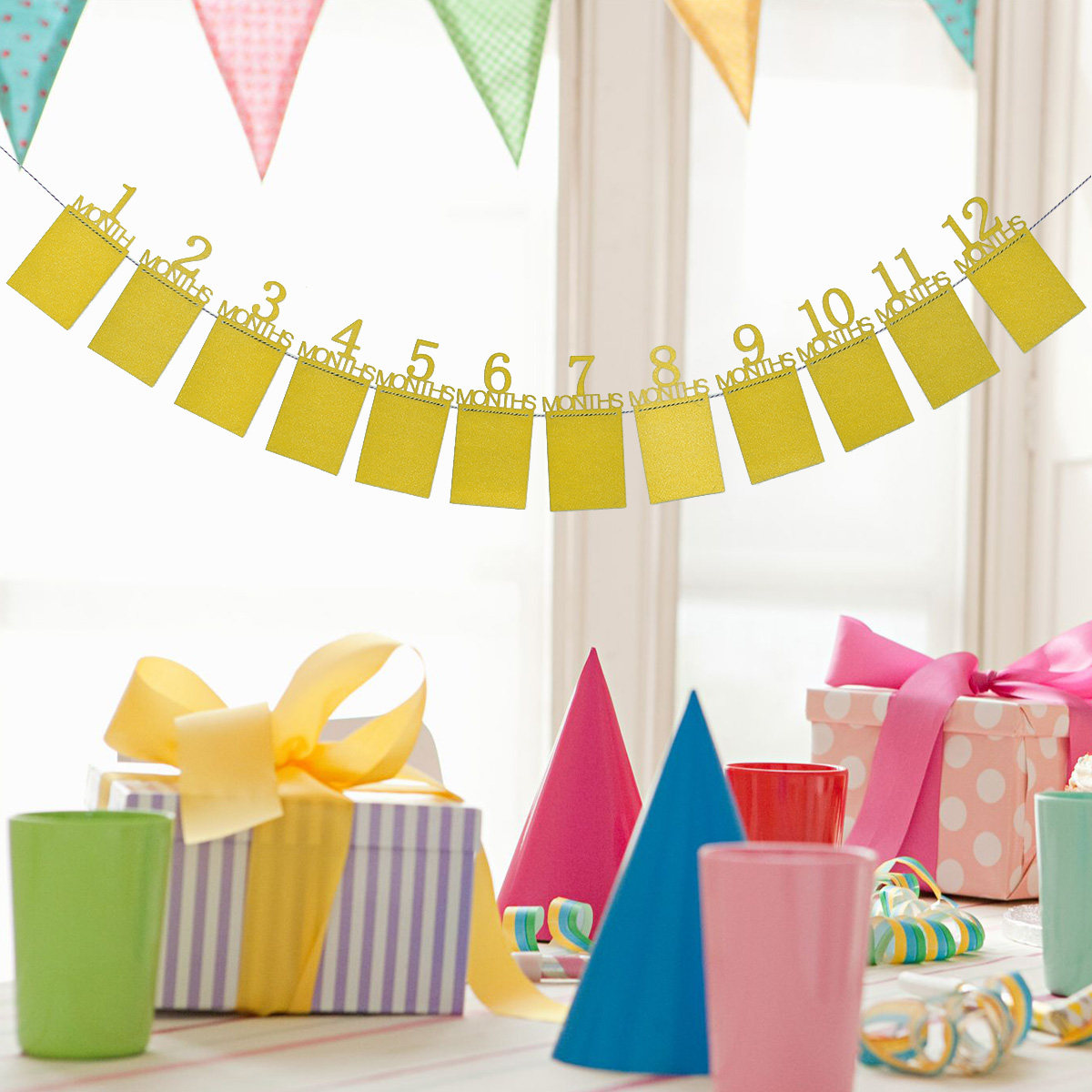 Party Banner Gold - 12ヶ月の赤ちゃんの誕生日フォトウォールバナー、手作りの室内・屋外パーティー用デコレーション、キッズの1歳のお祝いディスプレイ