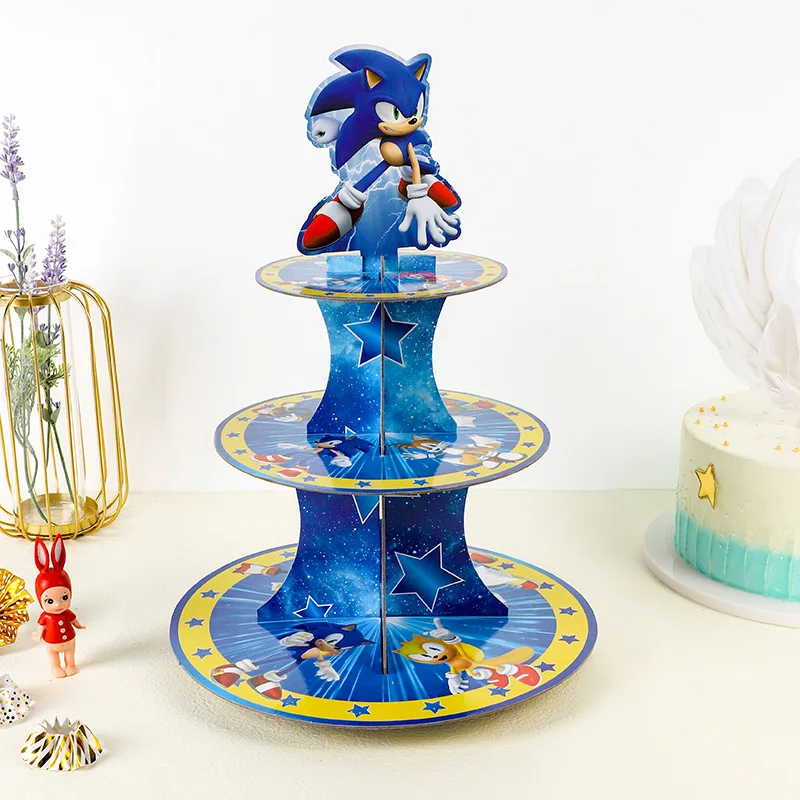Supply Event - アニメソニック誕生日パーティーケーキラック3層デザートテーブルペーパーケーキタワー誕生日パーティー装飾用品